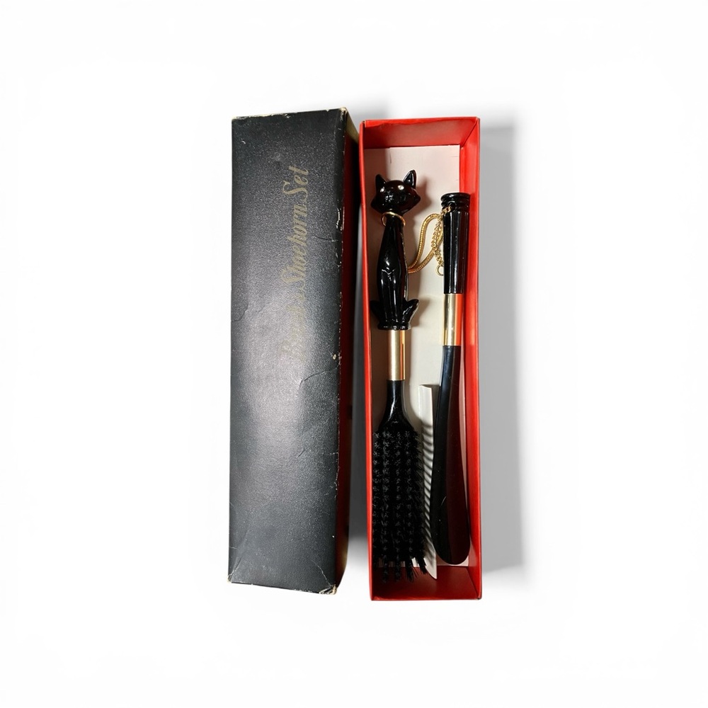 Black Cat with Rhinestone Eyes Lint Brush & Shoe Horn MCM 1950s Japan w/Box